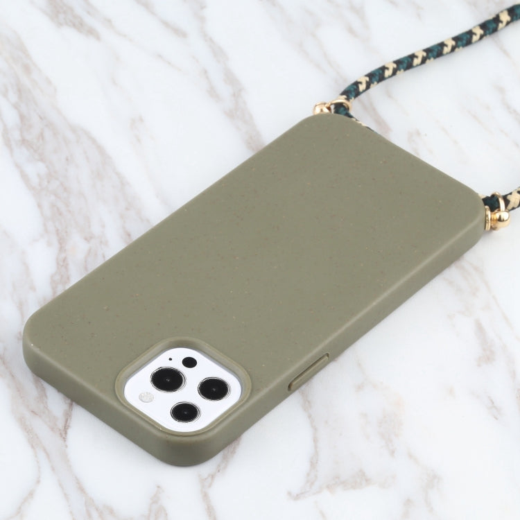 For iPhone 15 Pro Max Wheat Straw TPU Shockproof Phone Case with Neck Lanyard(Dark Green) - HoMEdemic™ 