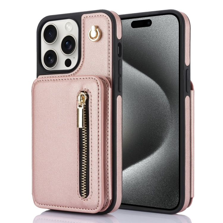 For iPhone 15 Pro Max YM006 Skin Feel Zipper Card Bag Phone Case with Dual Lanyard(Rose Gold) - HoMEdemic™ 