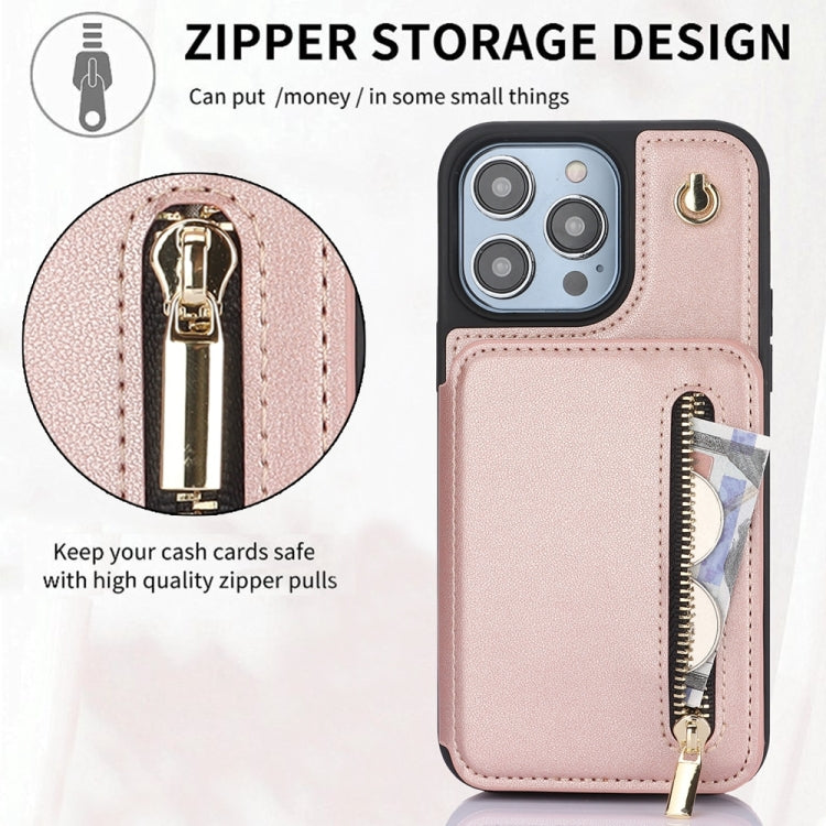 For iPhone 15 Pro Max YM006 Skin Feel Zipper Card Bag Phone Case with Dual Lanyard(Rose Gold) - HoMEdemic™ 
