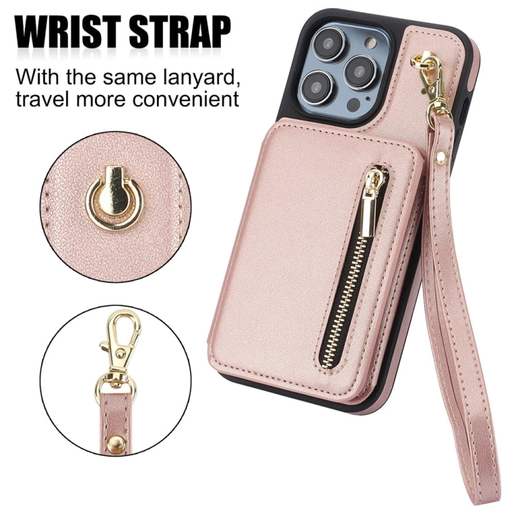 For iPhone 15 Pro Max YM006 Skin Feel Zipper Card Bag Phone Case with Dual Lanyard(Rose Gold) - HoMEdemic™ 