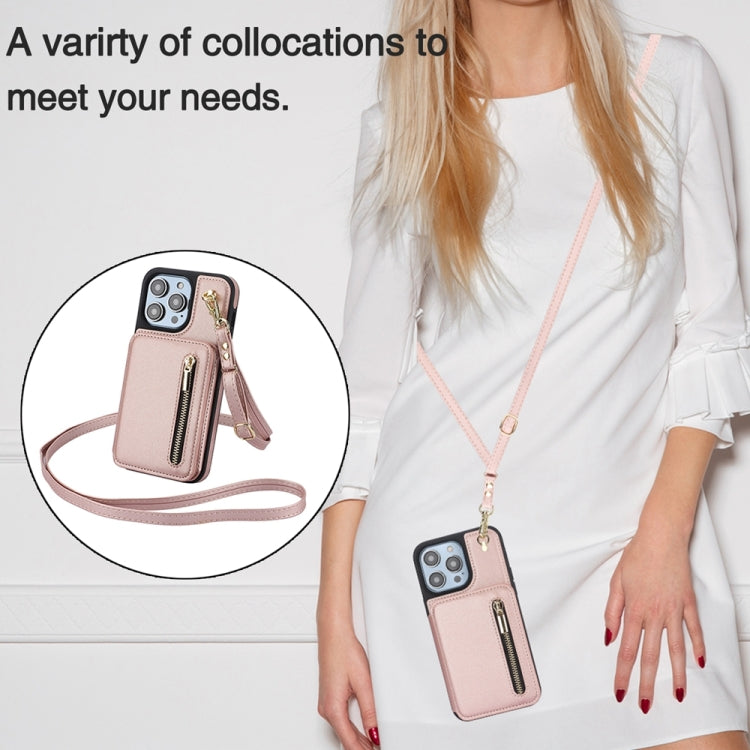 For iPhone 15 Pro Max YM006 Skin Feel Zipper Card Bag Phone Case with Dual Lanyard(Rose Gold) - HoMEdemic™ 