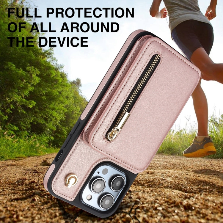 For iPhone 15 Pro Max YM006 Skin Feel Zipper Card Bag Phone Case with Dual Lanyard(Rose Gold) - HoMEdemic™ 
