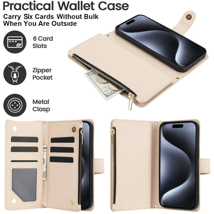 For iPhone 15 Pro Max YM016 Rhombic Zipper Card Wallet Leather Phone Case with Lanyard(Apricot) - HoMEdemic™ 