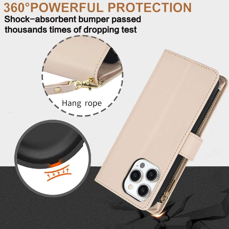 For iPhone 15 Pro Max YM016 Rhombic Zipper Card Wallet Leather Phone Case with Lanyard(Apricot) - HoMEdemic™ 