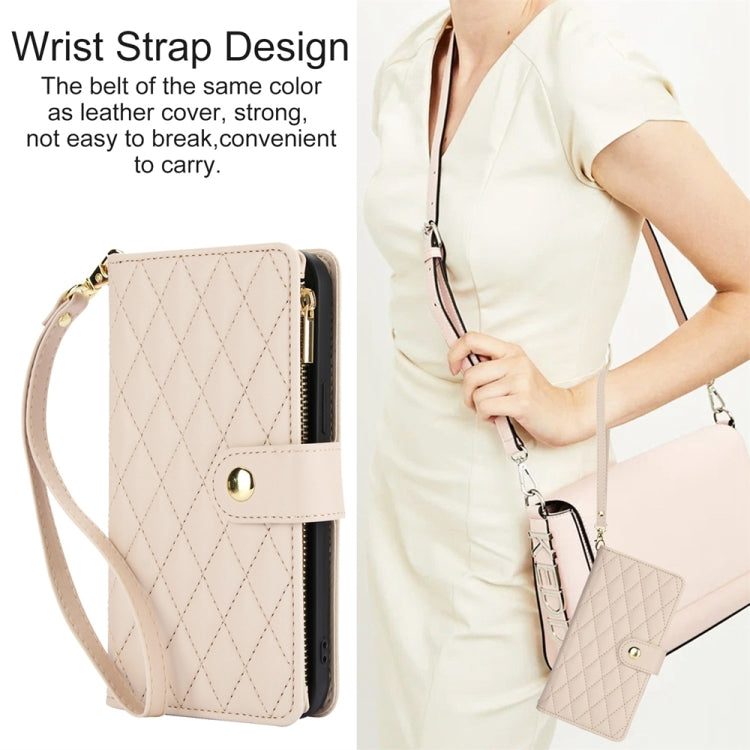 For iPhone 15 Pro Max YM016 Rhombic Zipper Card Wallet Leather Phone Case with Lanyard(Apricot) - HoMEdemic™ 