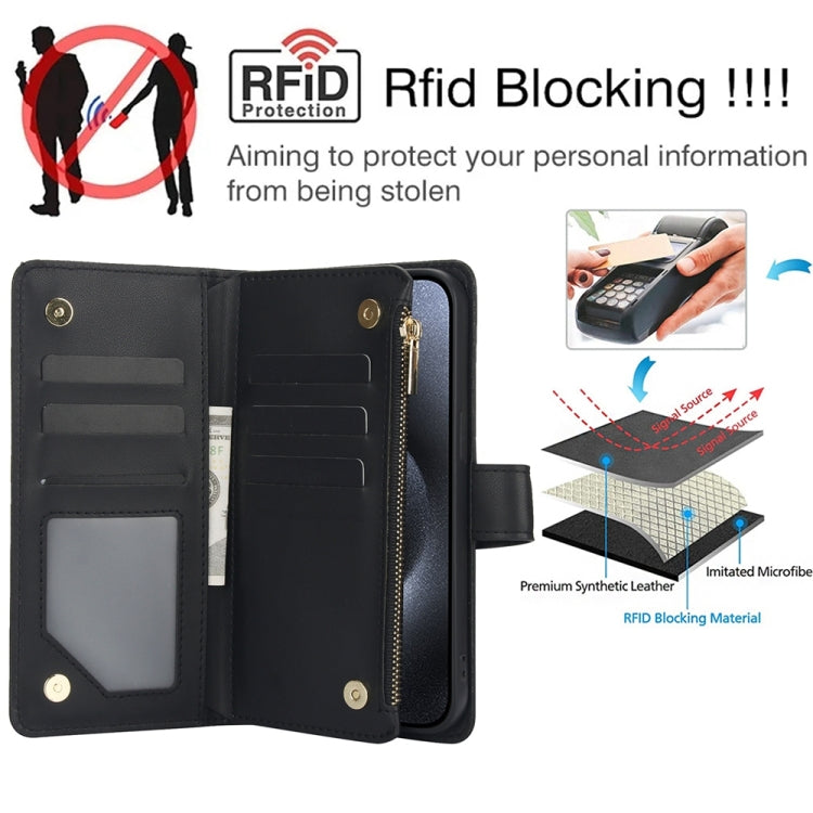 For iPhone 15 Pro Max YM016 Rhombic Zipper Card Wallet Leather Phone Case with Lanyard(Black) - HoMEdemic™ 
