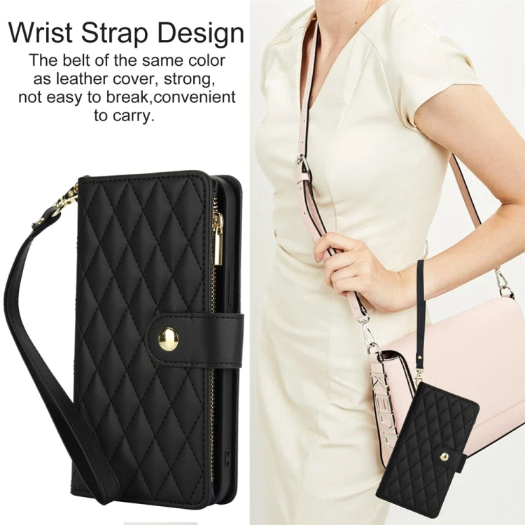For iPhone 15 Pro Max YM016 Rhombic Zipper Card Wallet Leather Phone Case with Lanyard(Black) - HoMEdemic™ 