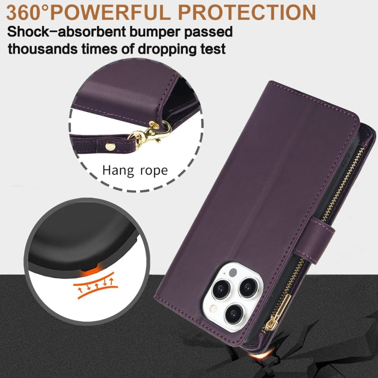 For iPhone 15 Pro Max YM016 Rhombic Zipper Card Wallet Leather Phone Case with Lanyard(Dark Purple) - HoMEdemic™ 