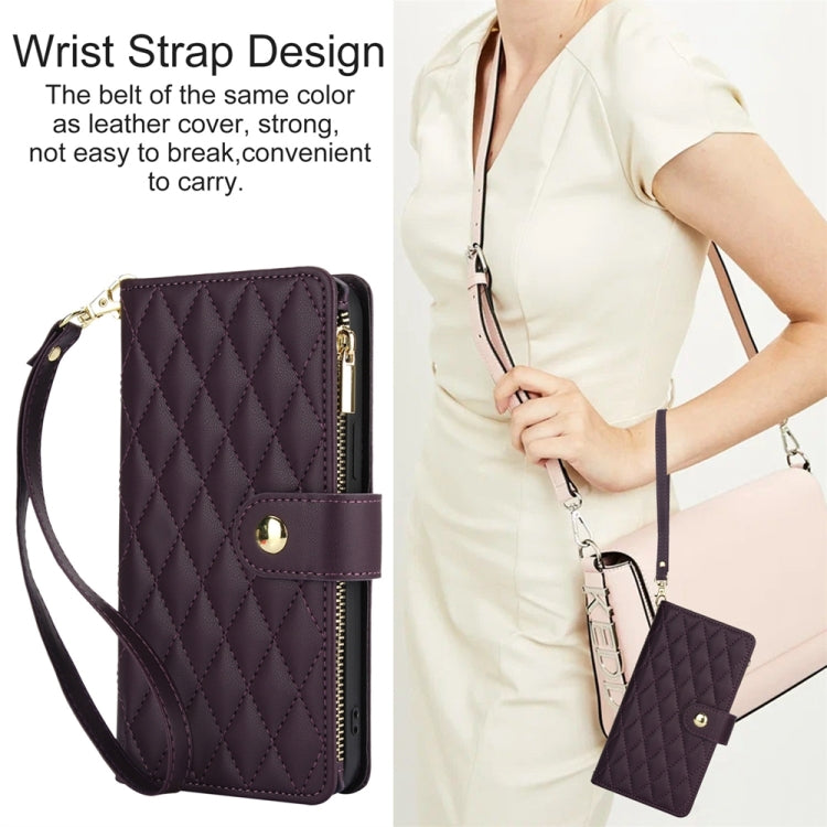 For iPhone 15 Pro Max YM016 Rhombic Zipper Card Wallet Leather Phone Case with Lanyard(Dark Purple) - HoMEdemic™ 