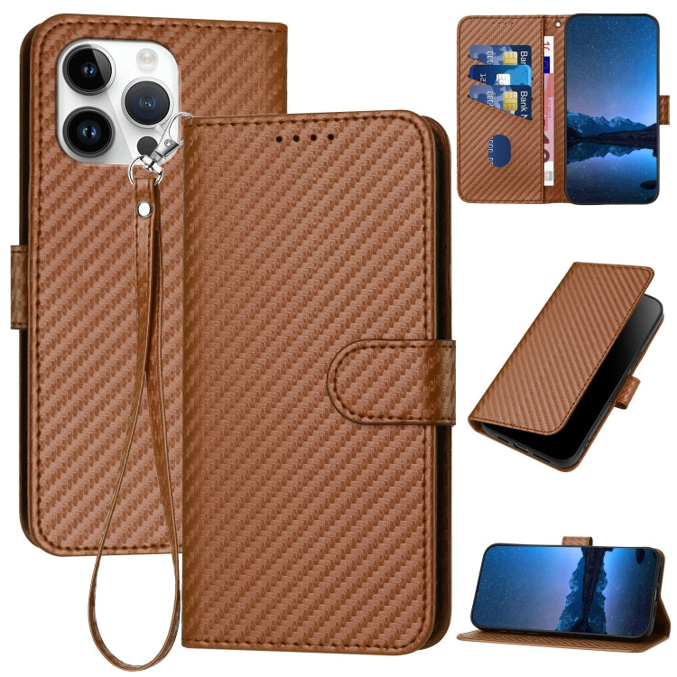 For iPhone 15 Pro Max YX0070 Carbon Fiber Buckle Leather Phone Case with Lanyard(Coffee) - HoMEdemic™ 