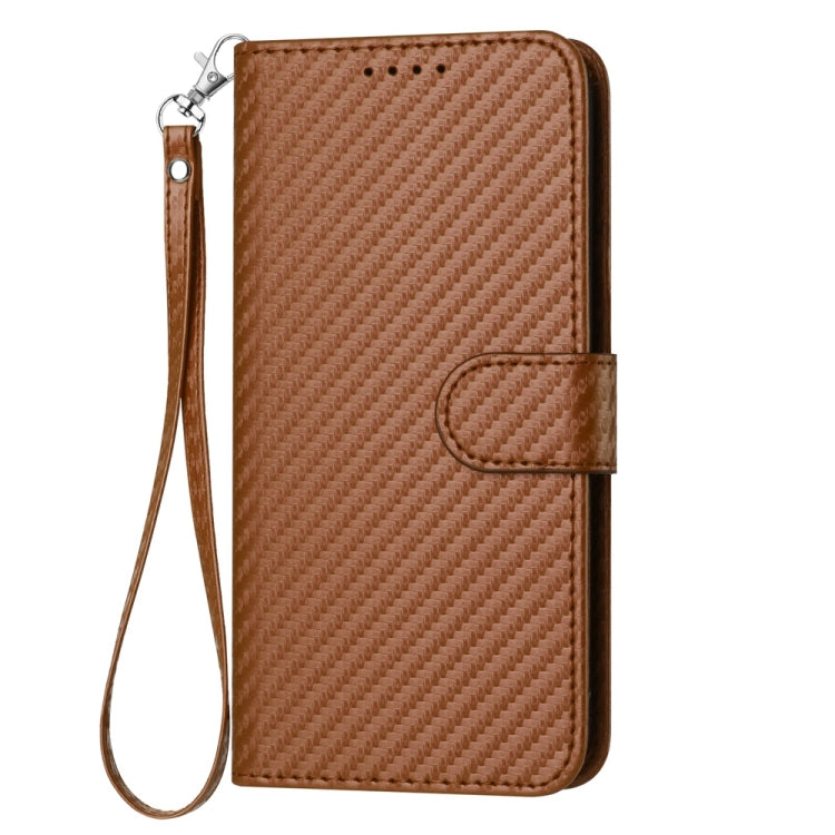 For iPhone 15 Pro Max YX0070 Carbon Fiber Buckle Leather Phone Case with Lanyard(Coffee) - HoMEdemic™ 