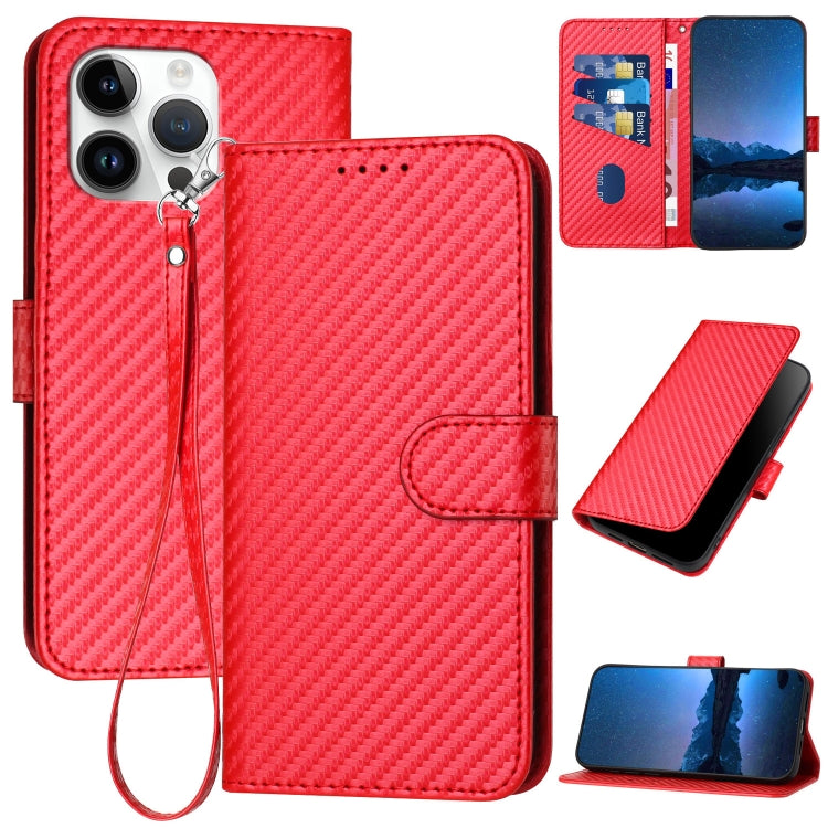 For iPhone 15 Pro Max YX0070 Carbon Fiber Buckle Leather Phone Case with Lanyard(Red) - HoMEdemic™ 
