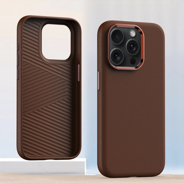For iPhone 15 Pro Metal Lens Frame Leather Full Coverage Shockproof Phone Case(Brown) - HoMEdemic™ 
