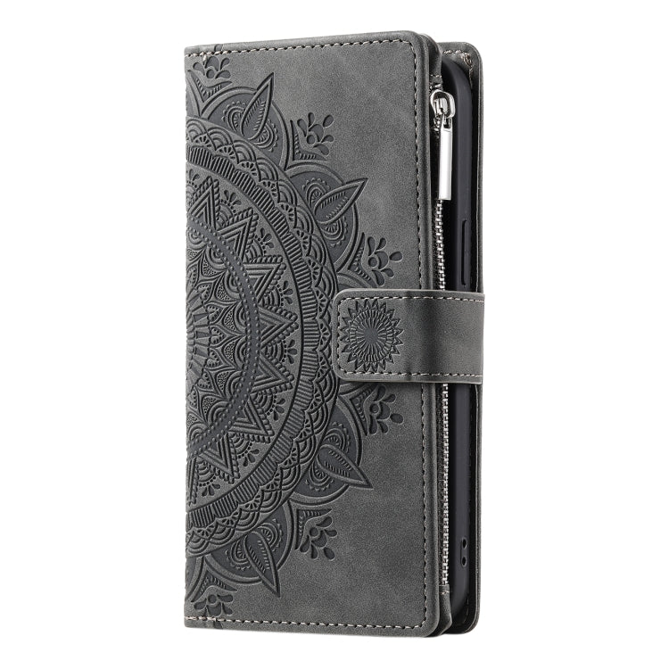 For iPhone 15 Pro Multi-Card Totem Zipper Leather Phone Case(Grey) - HoMEdemic™ 