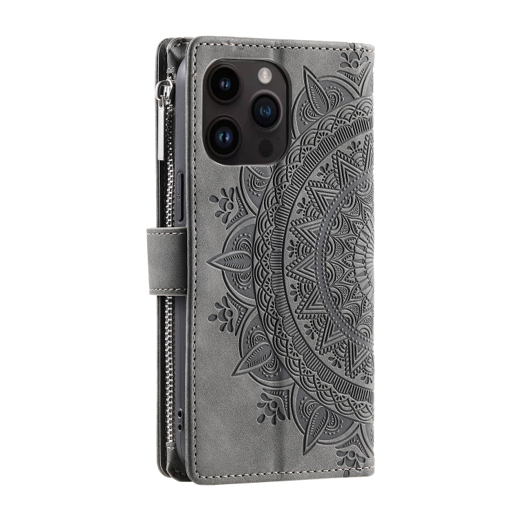 For iPhone 15 Pro Multi-Card Totem Zipper Leather Phone Case(Grey) - HoMEdemic™ 
