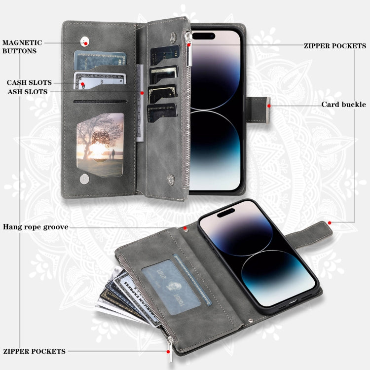 For iPhone 15 Pro Multi-Card Totem Zipper Leather Phone Case(Grey) - HoMEdemic™ 