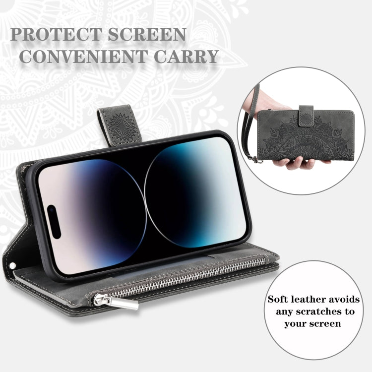 For iPhone 15 Pro Multi-Card Totem Zipper Leather Phone Case(Grey) - HoMEdemic™ 