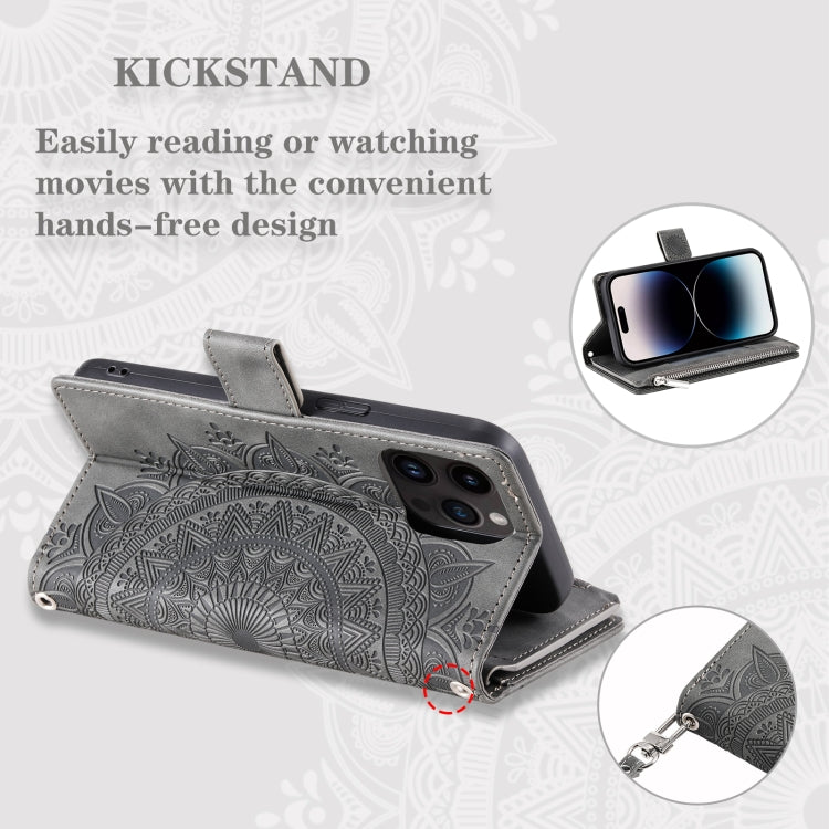 For iPhone 15 Pro Multi-Card Totem Zipper Leather Phone Case(Grey) - HoMEdemic™ 