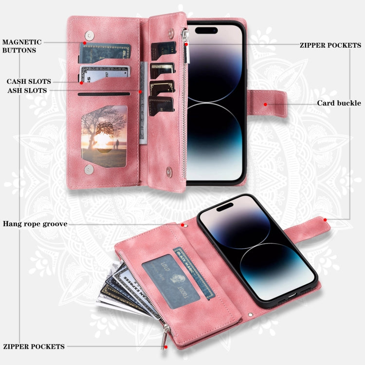 For iPhone 15 Pro Multi-Card Totem Zipper Leather Phone Case(Pink) - HoMEdemic™ 