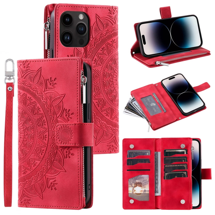 For iPhone 15 Pro Multi-Card Totem Zipper Leather Phone Case(Red) - HoMEdemic™ 