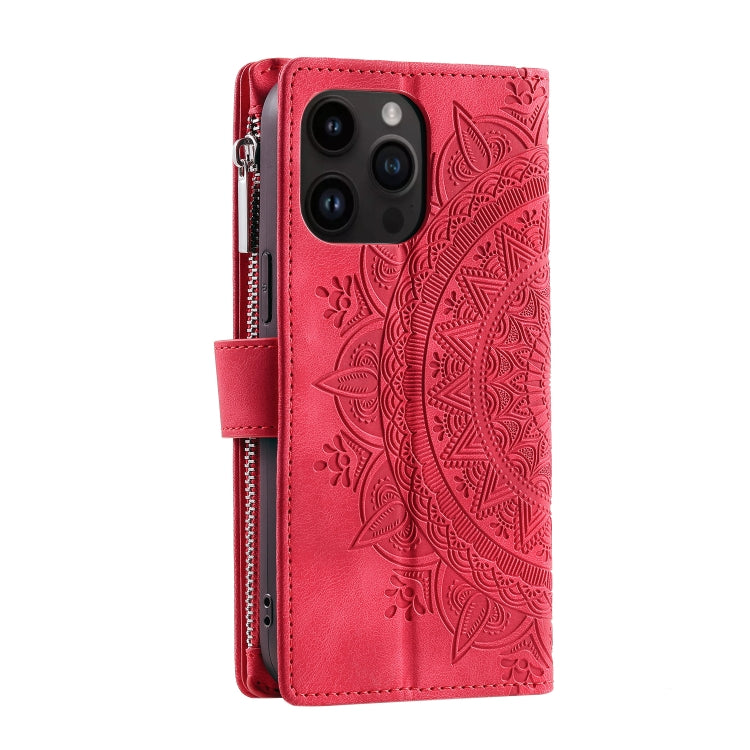 For iPhone 15 Pro Multi-Card Totem Zipper Leather Phone Case(Red) - HoMEdemic™ 