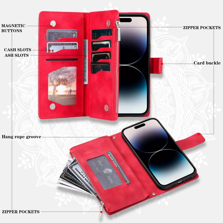 For iPhone 15 Pro Multi-Card Totem Zipper Leather Phone Case(Red) - HoMEdemic™ 