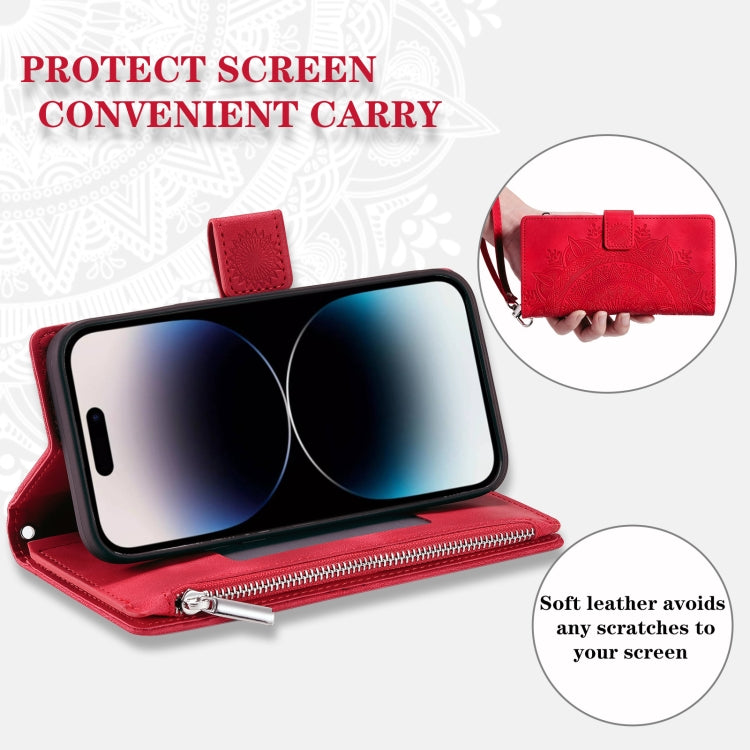 For iPhone 15 Pro Multi-Card Totem Zipper Leather Phone Case(Red) - HoMEdemic™ 