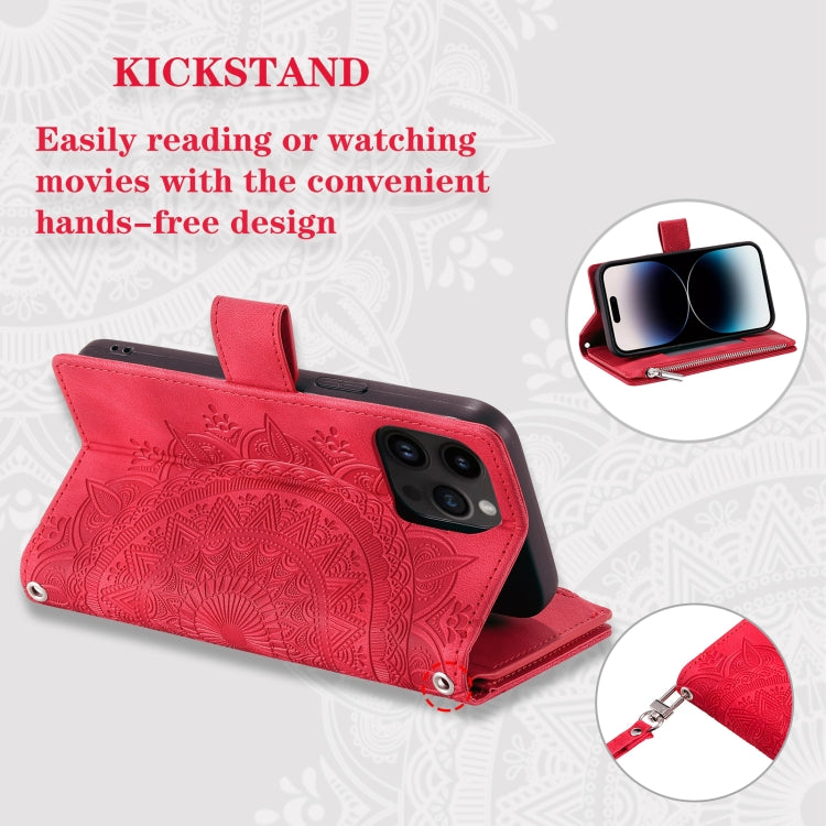 For iPhone 15 Pro Multi-Card Totem Zipper Leather Phone Case(Red) - HoMEdemic™ 