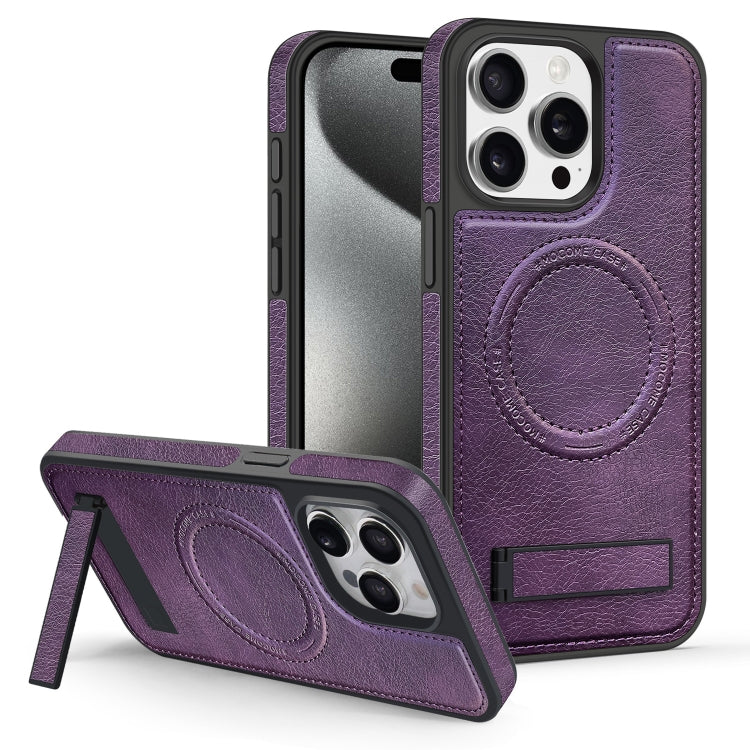 For iPhone 15 Pro Multi-function Holder MagSafe PU Phone Case(Mulberry) - HoMEdemic™ 