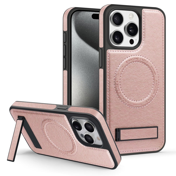 For iPhone 15 Pro Multi-function Holder MagSafe PU Phone Case(Rose Gold) - HoMEdemic™ 