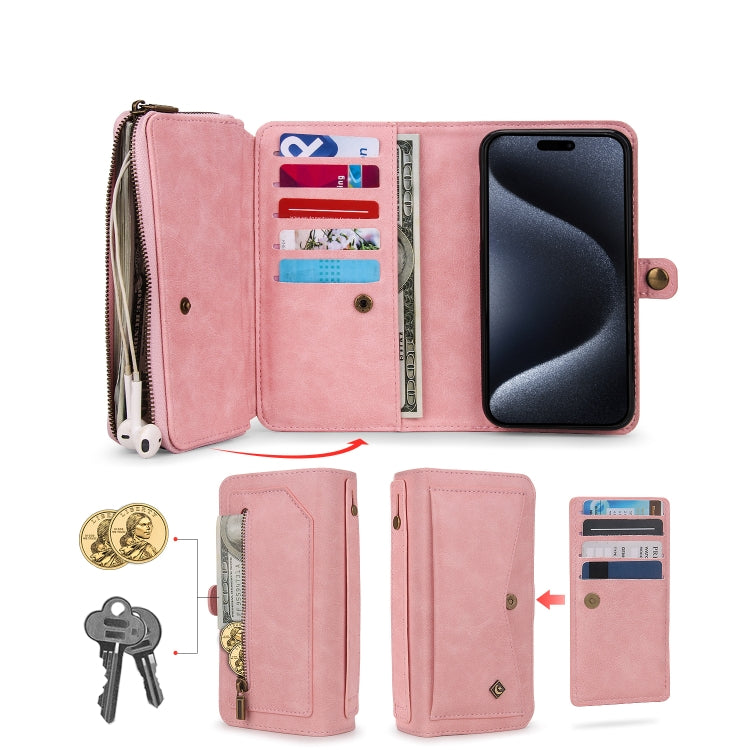 For iPhone 15 Pro Multi-functional Zipper Wallet Leather Phone Case(Pink) - HoMEdemic™ 