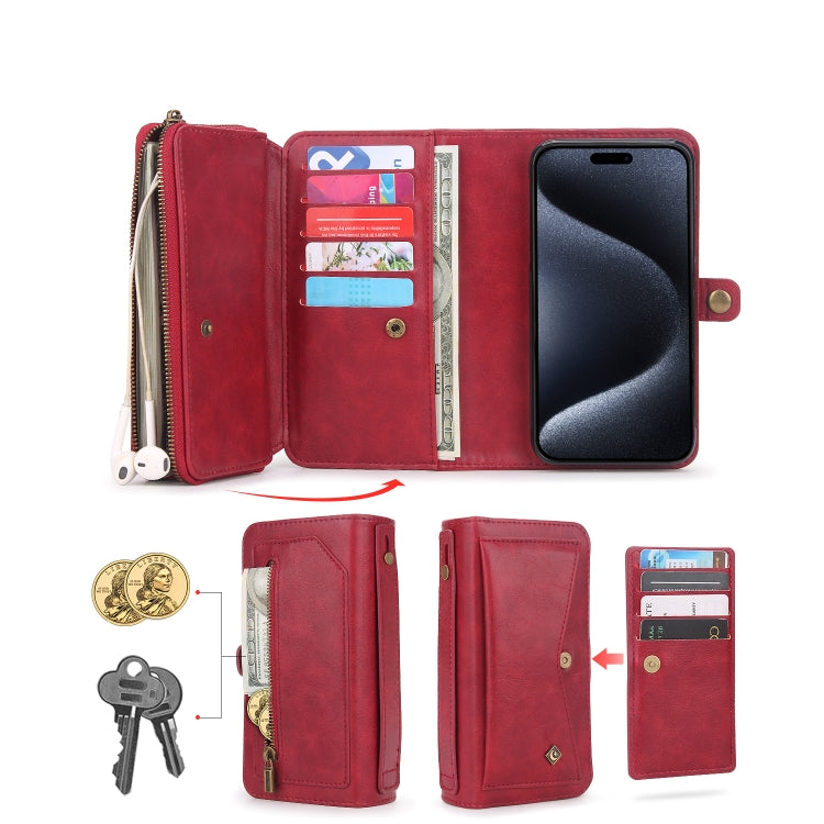For iPhone 15 Pro Multi-functional Zipper Wallet Leather Phone Case(Red) - HoMEdemic™ 