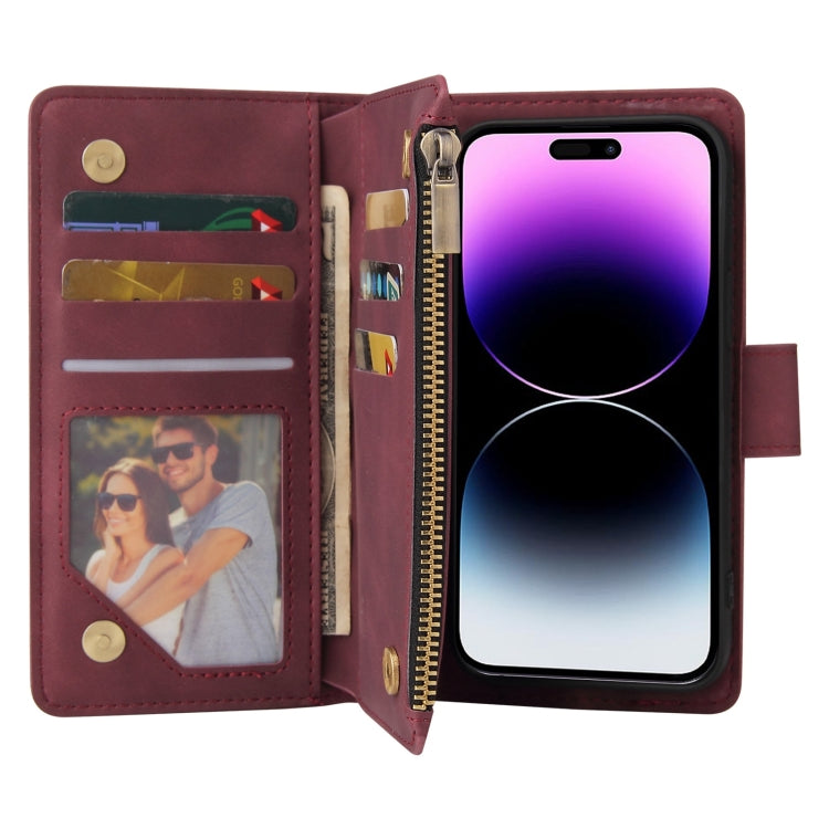 For iPhone 15 Pro Multifunctional Multi-Card Wallet Phone Leather Case(Wine Red) - HoMEdemic™ 