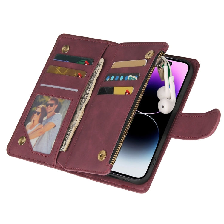 For iPhone 15 Pro Multifunctional Multi-Card Wallet Phone Leather Case(Wine Red) - HoMEdemic™ 