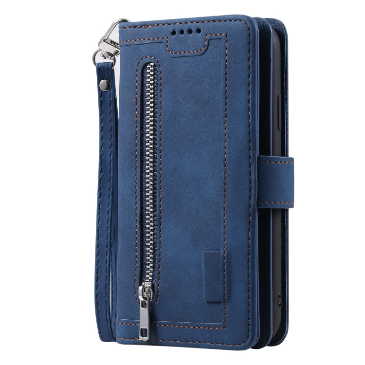 For iPhone 15 Pro Nine Card Zipper Bag Leather Phone Case with Lanyard(Blue) - HoMEdemic™ 