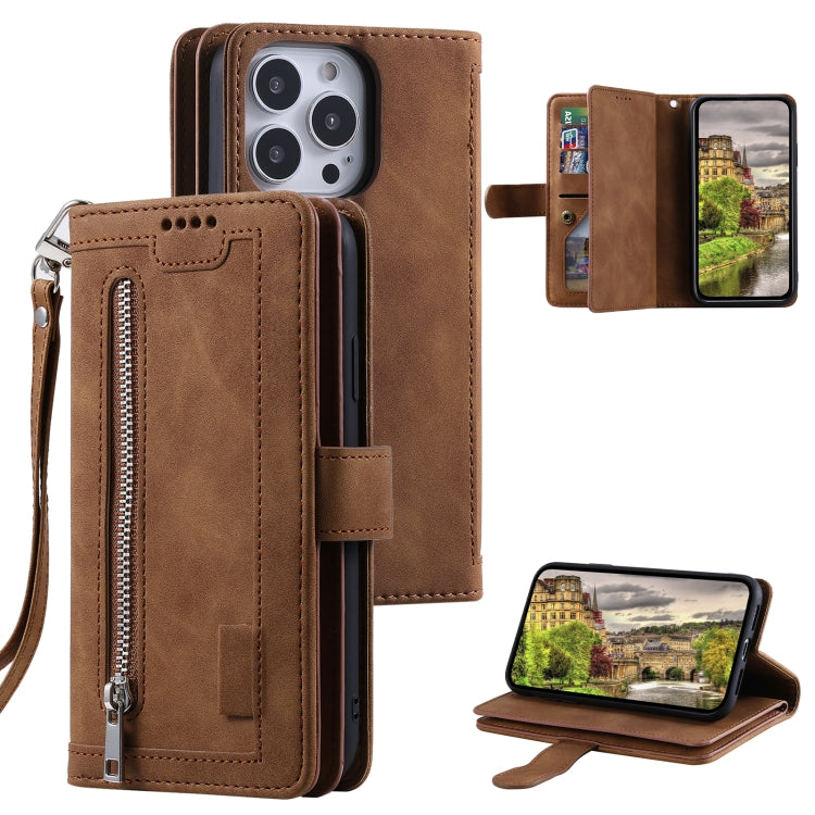 For iPhone 15 Pro Nine Card Zipper Bag Leather Phone Case with Lanyard(Brown) - HoMEdemic™ 
