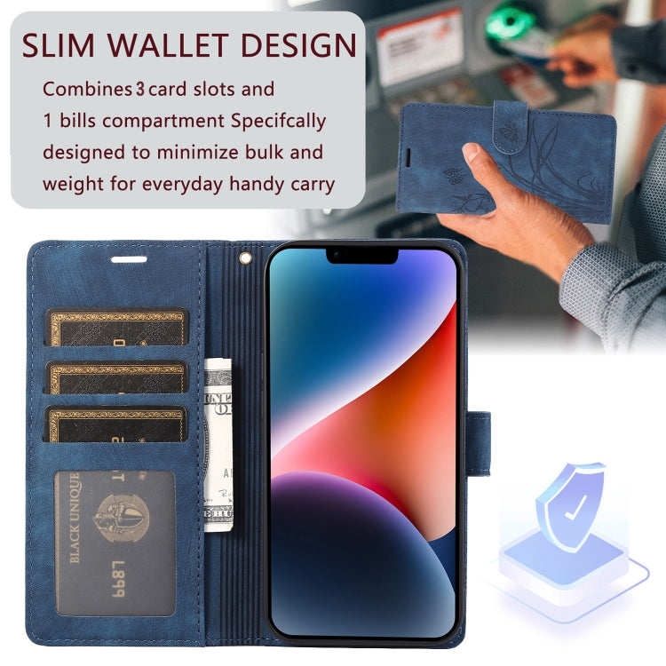 For iPhone 15 Pro Orchid Butterfly Embossed Leather Phone Case(Blue) - HoMEdemic™ 