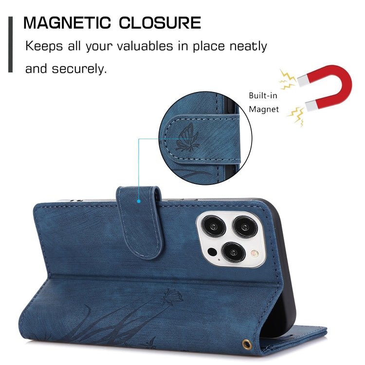 For iPhone 15 Pro Orchid Butterfly Embossed Leather Phone Case(Blue) - HoMEdemic™ 
