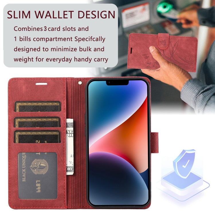 For iPhone 15 Pro Orchid Butterfly Embossed Leather Phone Case(Red) - HoMEdemic™ 