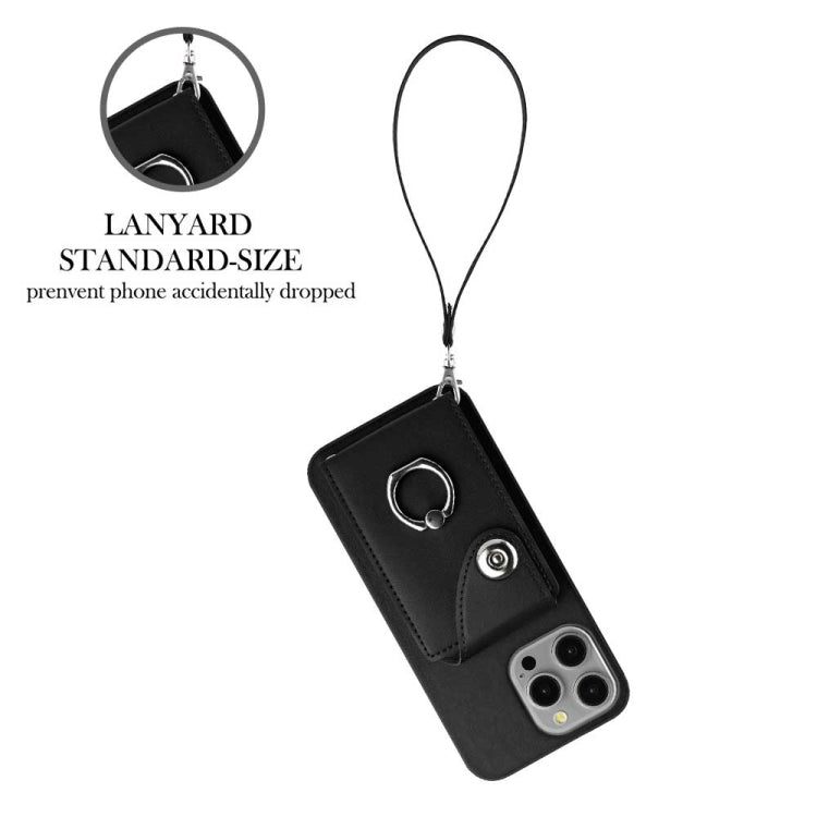 For iPhone 15 Pro Organ Card Bag Ring Holder PU Phone Case with Lanyard(Black) - HoMEdemic™ 