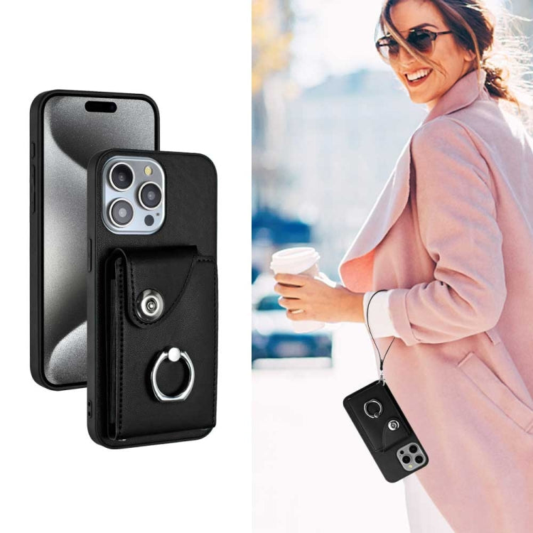 For iPhone 15 Pro Organ Card Bag Ring Holder PU Phone Case with Lanyard(Black) - HoMEdemic™ 