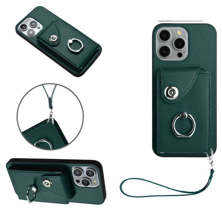 For iPhone 15 Pro Organ Card Bag Ring Holder PU Phone Case with Lanyard(Green) - HoMEdemic™ 