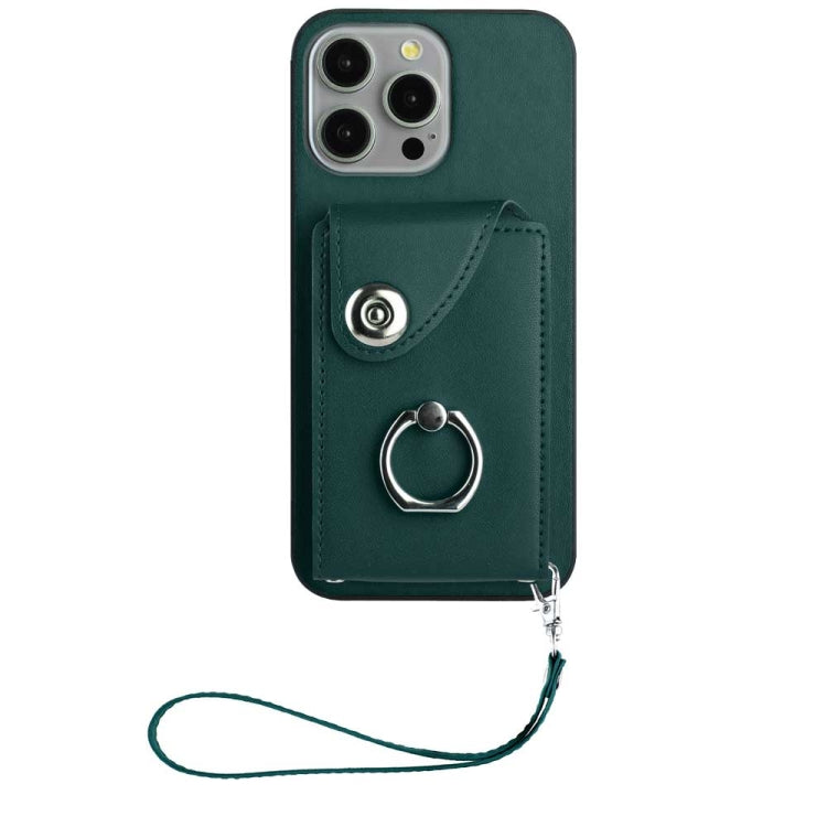 For iPhone 15 Pro Organ Card Bag Ring Holder PU Phone Case with Lanyard(Green) - HoMEdemic™ 