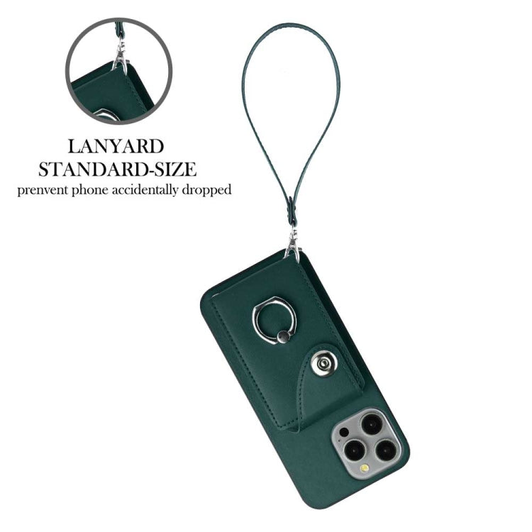 For iPhone 15 Pro Organ Card Bag Ring Holder PU Phone Case with Lanyard(Green) - HoMEdemic™ 