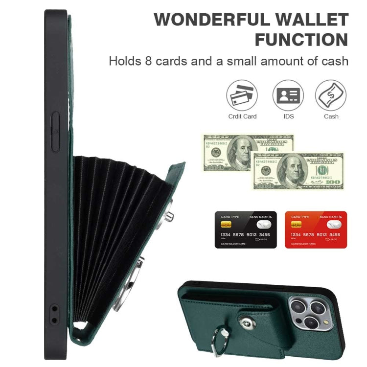 For iPhone 15 Pro Organ Card Bag Ring Holder PU Phone Case with Lanyard(Green) - HoMEdemic™ 