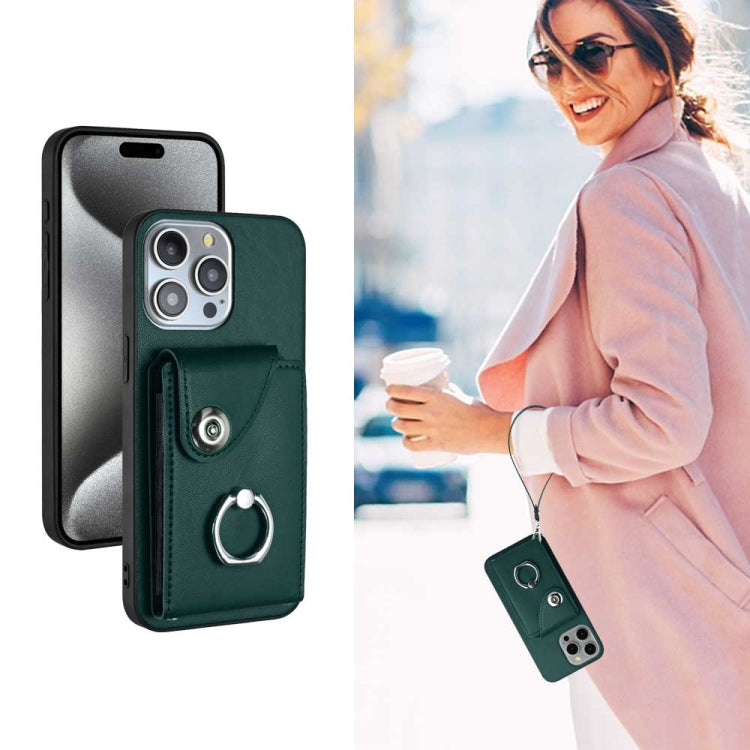 For iPhone 15 Pro Organ Card Bag Ring Holder PU Phone Case with Lanyard(Green) - HoMEdemic™ 