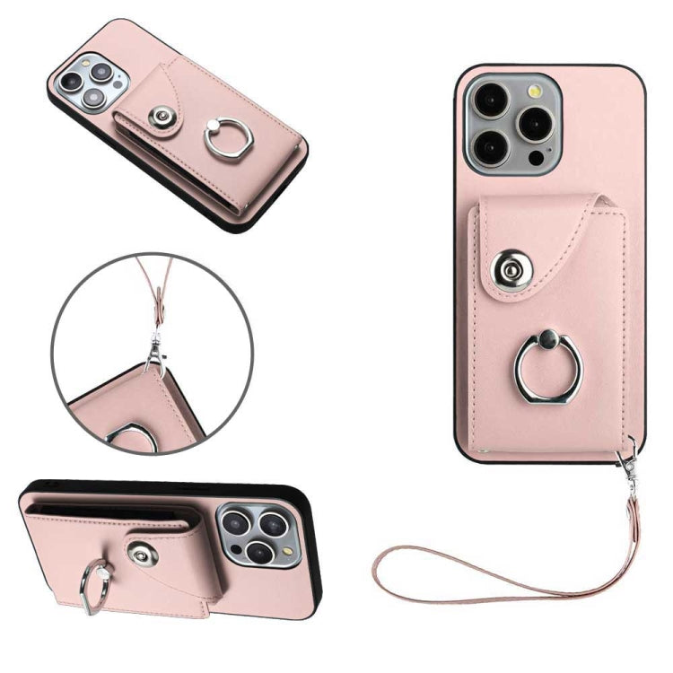 For iPhone 15 Pro Organ Card Bag Ring Holder PU Phone Case with Lanyard(Pink) - HoMEdemic™ 