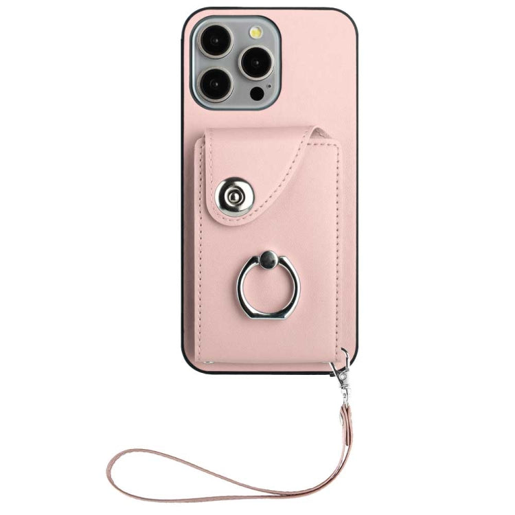For iPhone 15 Pro Organ Card Bag Ring Holder PU Phone Case with Lanyard(Pink) - HoMEdemic™ 