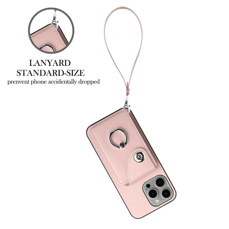 For iPhone 15 Pro Organ Card Bag Ring Holder PU Phone Case with Lanyard(Pink) - HoMEdemic™ 