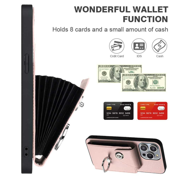 For iPhone 15 Pro Organ Card Bag Ring Holder PU Phone Case with Lanyard(Pink) - HoMEdemic™ 
